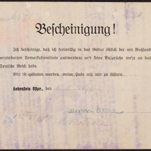 Zaświadczenie o dobrowolnym opuszczeniu III Rzeszy w celu udania się na obszary okupowane przez ZSRR. Dokument podpisany przez Mojżesza Szosnę