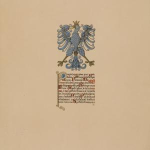 Statut kaliski - Ukoronowany orzeł wraz z informacją o nadaniu statutu i jego potwierdzaniu przez władców polskich w roku 1334, 1364 i 1367 (miniatura nr 4)