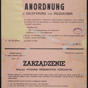 Zarządzenie z 25.12.1941 zobowiązujące Żydów do oddania wszystkich futer i odzieży futrzanej pod groźbą rozstrzelania
