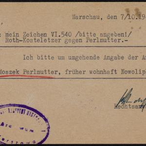 Pisma adw. von Wendorff do Rady Żydowskiej w Warszawie dotyczące ustalenia nowych adresów wierzytelników