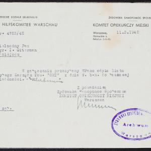 Pismo ŻSS KOM z 11.03.1942 r. do dyr. Icchaka Gitermana