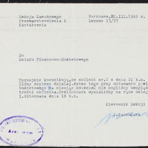 Pismo ŻSS-KOM z 20.03.1942 r. do Działu Finansowo-Budżetowego