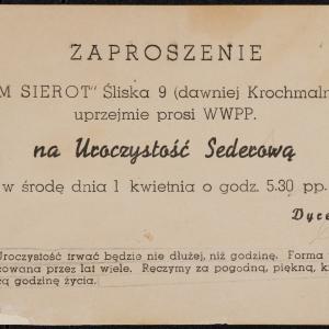 Zaproszenie na uroczystość sederową w Domu Sierot Janusza Korczaka w dniu 1 kwietnia 1942 roku, adresowane do Emanuela Ringelbluma i jego żony